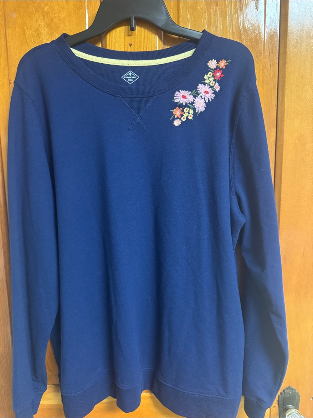 St. John's Bay Navy Crewneck Sweatshirt with Pink & Orange Floral Embroidery